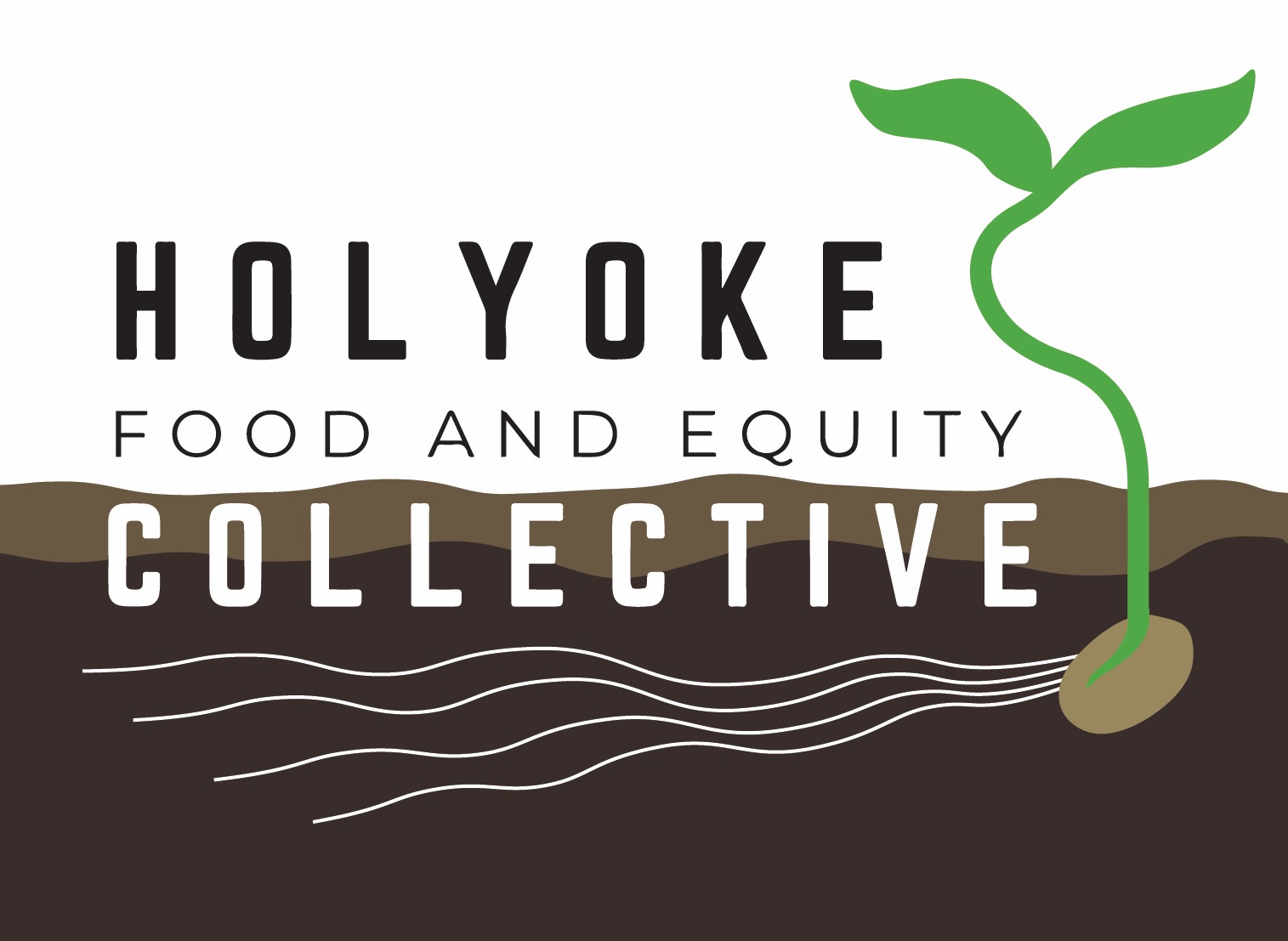 The words 'Holyoke Food Equity Collective' are above and below ground, while a seedling with long horizontal roots sprouts upward.