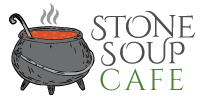 simmering cauldron full of soup and a ladle with the words Stone Soup Cafe to the right of the cauldron